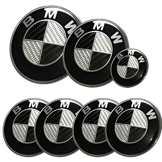 7 LOGO Emblème BMW Noir Gri Capot 82mm + Coffre 74mm +Volant+ 4cache moyeu 68mm