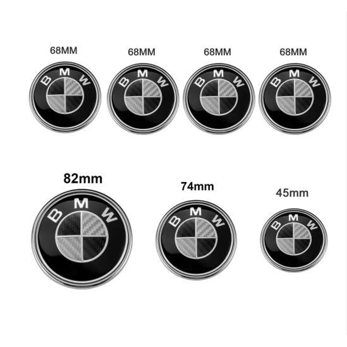 7 LOGO Emblème BMW Noir Gri Capot 82mm + Coffre 74mm +Volant+ 4cache moyeu 68mm